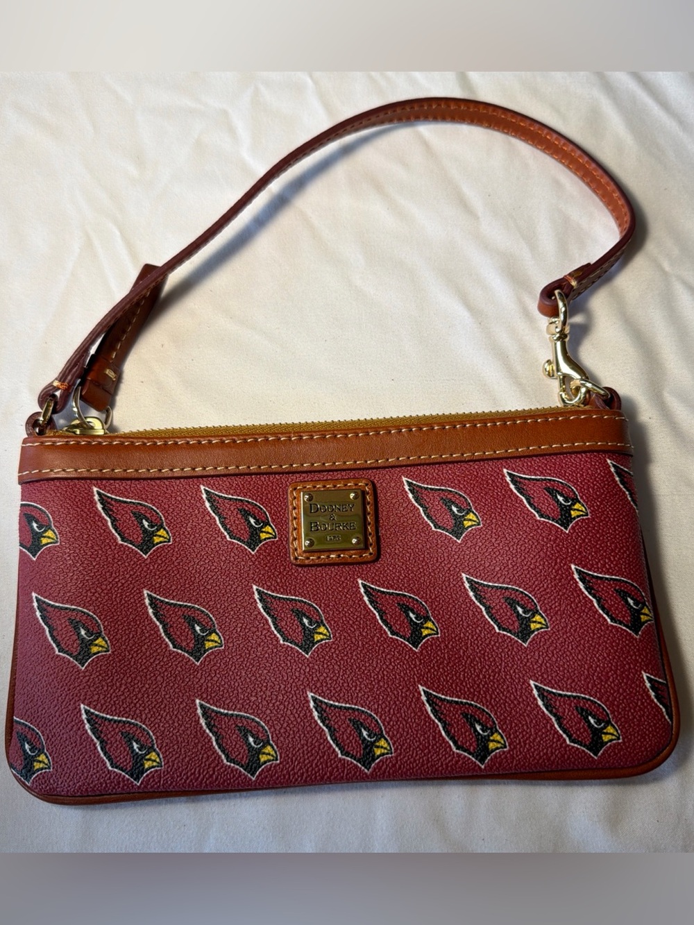 Dooney & Bourke Arizona Cardinal Red Leather Wristlet with Brown Trim
